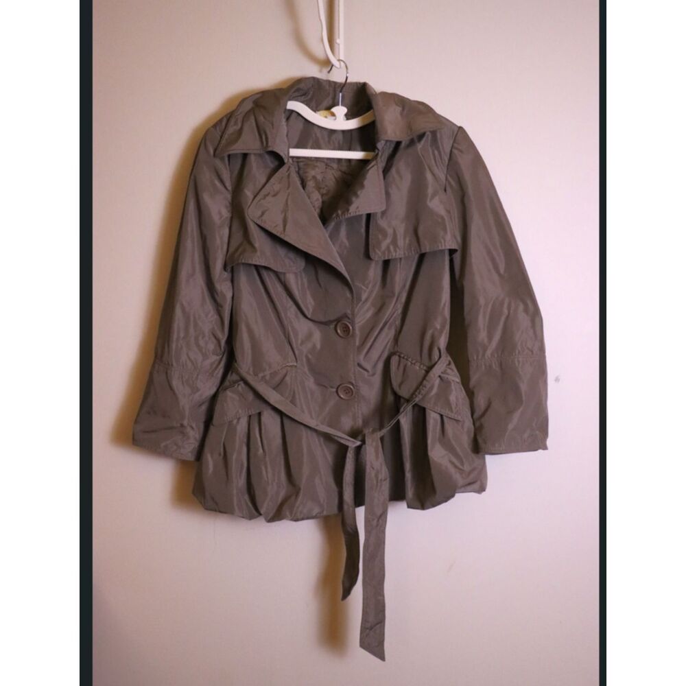 Interplay Iconic Moderne Muse Vintage Gray Green Belted Rain Jacket Size 10